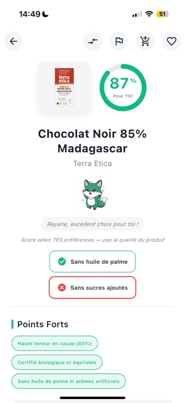 Fiche produit VitaScan : chocolat noir 85 % Madagascar, 87 % de compatibilité, badges par préférence et points forts